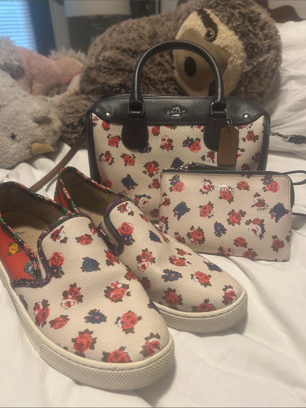 Coach Cream Floral Satchel, Wristlet & Slip-On Sneakers Set
